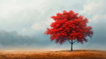 Foto op Plexiglas Solitary vibrant red tree in a foggy field - Stark image of a solitary vibrant red tree standing out against a soft, fog-enveloped landscape © Mickey