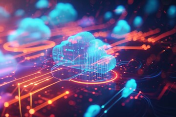 A blue cloud gracefully hovers above a vibrant and lively background, A visualization of data streams flowing from multiple NAS devices into a single cloud, AI Generated - obrazy, fototapety, plakaty