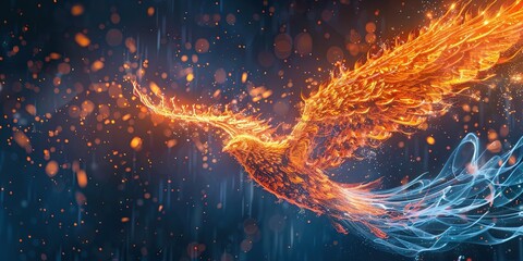 Flaming orange phoenix made of digital data  - obrazy, fototapety, plakaty