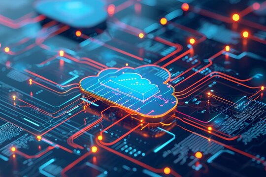 A cloud hovers atop a computer chip, creating a juxtaposition between nature and technology, A visualization of data streams flowing from multiple NAS devices into a single cloud, AI Generated