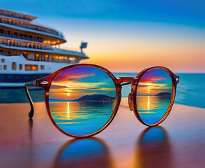 the glasses reflect the sunset on the sea and the cruise ship - obrazy, fototapety, plakaty