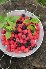Ripe raspberries and wild blackberries in a vintage sieve