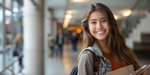 Smiling Young Female Student with Backpack in School Hallway