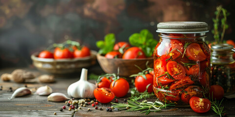 Homemade Pickled Cherry Tomatoes in Mason Jar on Rustic Kitchen Table - Powered by Adobe
