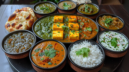 Overhead view of a wholesome Indian meal featuring Paneer Butter Masala, Dal Makhani, Palak Paneer, and assorted bread-2