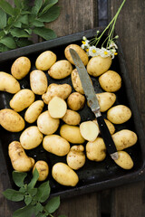 Fresh new potatoes in baking trays