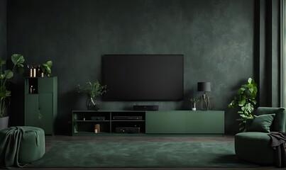 Green cabinet for TV and accessories decor in living room interior on empty dark wall background
