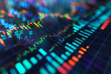 This close-up photo showcases a computer screen with a multitude of vibrant colors, A volumetric graph showcasing different trading volumes, AI Generated - Powered by Adobe