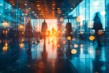 Blurred Businesspeople in Modern Office Corridor with Vibrant Lighting