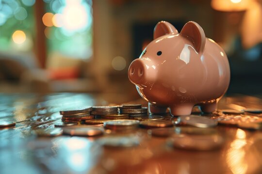 Close-up of a glossy piggy bank surrounded by stacked coins, illuminated by a warm, ambient light, symbolizing savings and financial security..