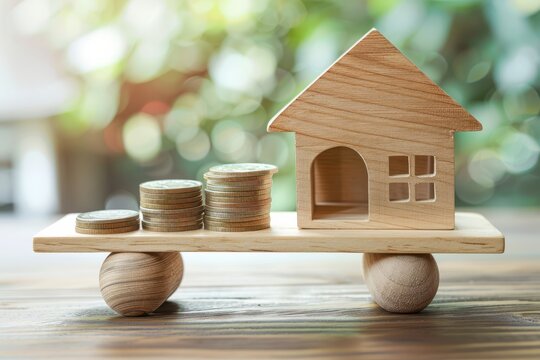Conceptual photo of a wooden house model balanced on a seesaw over coins with a green bokeh background, symbolizing financial stability..