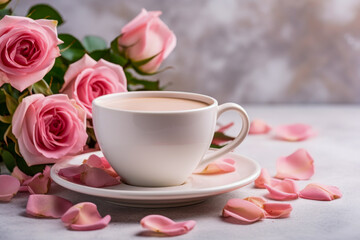 Fototapeta na wymiar Elegant Roses and Tea Cup Still Life on Soft Background