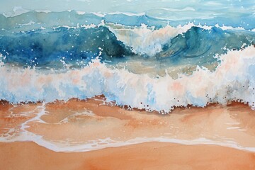 A realistic painting capturing the powerful force of waves crashing onto a sandy beach, A...