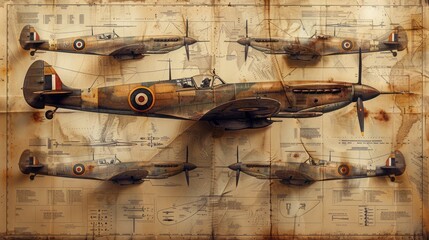 Vintage Warplanes Sketch on Aged Paper