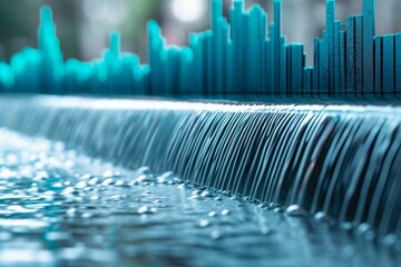 A detailed view of a water feature in the foreground, with buildings visible in the background, A waterfall chart showing changes in equity values, AI Generated - obrazy, fototapety, plakaty