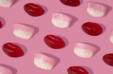 Pop Art Style Candy Lips and Teeth on a Pink Background