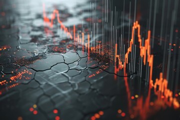 A close up photograph capturing the intricate patterns of orange and black lines on a computer screen, A waterfall chart showing changes in equity values, AI Generated