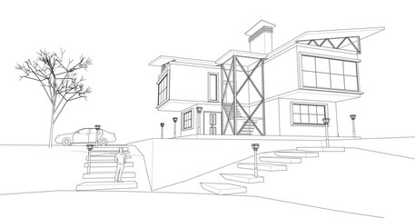 sketch of a modern house 3d rendering