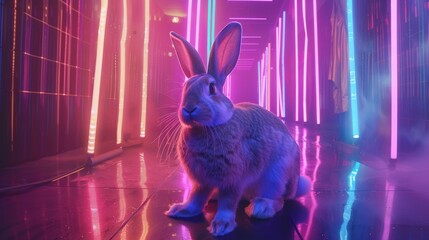of a charming rabbit grooving to the beat of its favorite tunes, surrounded by the captivating glow of neon lights in a dark room, a magical moment captured in exquisite detail by an HD camera