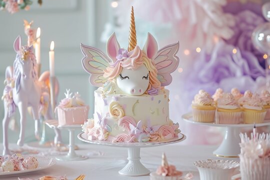 A table covered in a wide variety of cupcakes and cakes, creating a delicious and tempting display, A whimsical birthday wonderland with fairies and unicorns, AI Generated