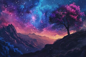 This photo depicts a painting of a night sky filled with stars and a lone tree standing beneath it, A whimsical nightscape featuring a vibrant nebula, AI Generated - obrazy, fototapety, plakaty