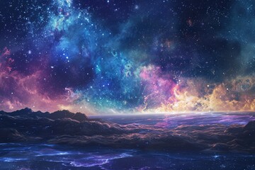 This photo captures a panoramic view of the sky and clouds from a distance, showcasing the vastness and beauty of the open sky, A whimsical nightscape featuring a vibrant nebula, AI Generated - Powered by Adobe
