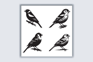 Black silhouette. Icon set of Sparrow bird
