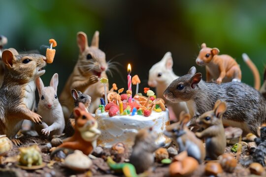A photo capturing a birthday cake with small toy animals arranged around it, creating a fun and festive atmosphere, A whole zoo of tiny animals celebrating a birthday, AI Generated