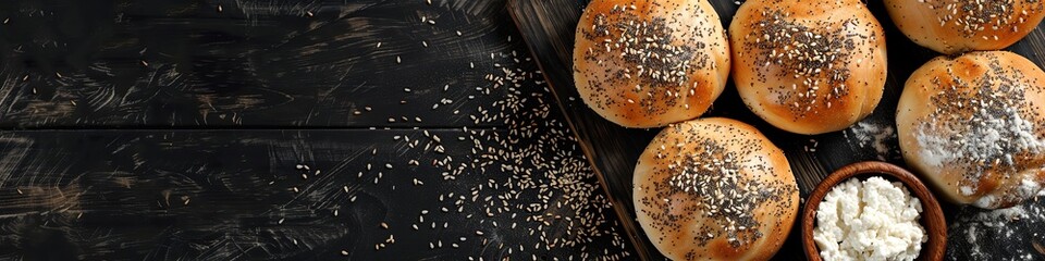 Fototapeta na wymiar Buns, cottage cheese, poppy and sesame seeds on a black wooden background. flour. generative ai