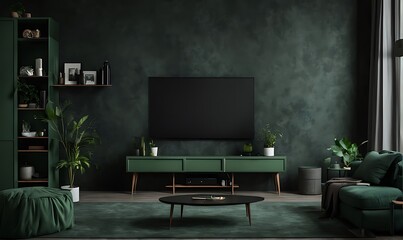 Green cabinet for TV and accessories decor in living room interior on empty dark wall background
 - obrazy, fototapety, plakaty