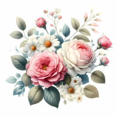 Vintage floral bouquet with roses, peonies and hydrangea flowers in pastel colors isolated on white...