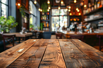 Cozy Cafe Interior with Wooden Tables and Warm Lighting - obrazy, fototapety, plakaty