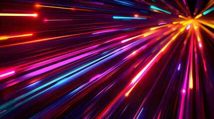 Abstract neon digital lines in dark space, glowing multicolored energy motion on black background. Cyberspace with fast light trails. 