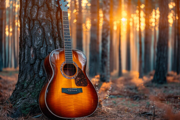 An acoustic guitar leaning on a tree in the middle of a sunlit forest - Powered by Adobe