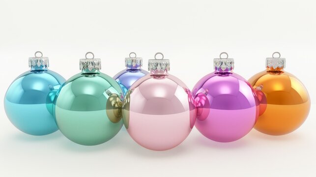 Christmas Bauble, Baubles on Solid tone Surface. A panoramic image showcasing baubles in vibrant colored tones reflecting a wintry setting placed on a solid surface, creating a cozy holiday scene