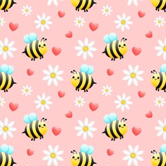 Bees, flowers and hearts on red background repeating pattern
