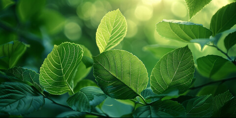 Fototapeta na wymiar Sunlit Fresh Green Leaves Tranquil Nature Background