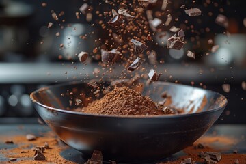 Cocoa powder and chocolate chunks captured mid-air, creating a dynamic and indulgent culinary scene..