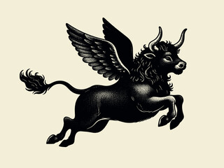A beautiful fairy-tale bull with wings flying across the sky. Vintage retro engraving illustration. Black icon, isolated element	 - obrazy, fototapety, plakaty