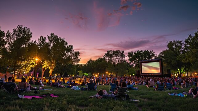 Movie-goers gather in a lively park, immersed in the entertainment under the stars.