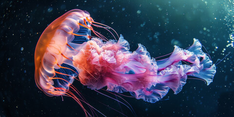 Majestic Jellyfish Gliding Through Deep Blue Ocean Waters - obrazy, fototapety, plakaty