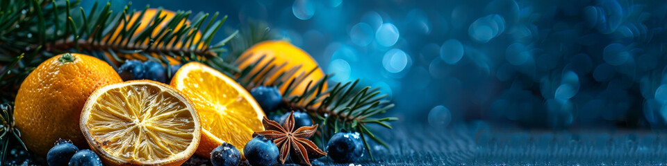 Festive Citrus and Berries Winter Panorama with Blue Bokeh Background