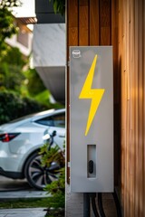 a white and yellow lightning bolt logo adorns the side of an outdoor home electrical panel, with charging station for electric vehicles. A car is seen in the background, 
