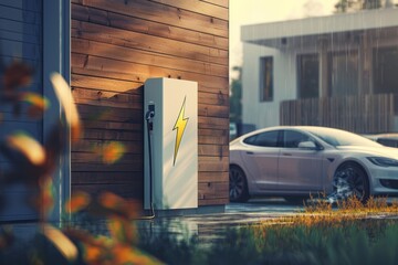 a white and yellow lightning bolt logo adorns the side of an outdoor home electrical panel, with charging station for electric vehicles. A car is seen in the background, 
