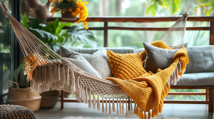 Terrace snug design idea with cozy hammock and yellow blanket