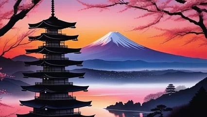Foto auf Acrylglas Antireflex Serene landscape with mountain, pagoda in background. Sky is filled with beautiful pink hue, and moon is shining brightly. Concept of peace, tranquility.For art, creative projects, fashion, magazines. © Anzelika