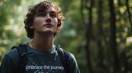 A young man with curly hair stands amidst trees in the woods, wearing a t-shirt with the inspiring quote t shirt with quote "Embrace the journey." - Powered by Adobe