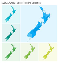 New Zealand map collection. Country shape with colored regions. Light Blue, Cyan, Teal, Green, Light Green, Lime color palettes. Border of New Zealand with provinces for your infographic.