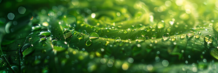Glistening Dew Drops on Fresh Green Leaves in Sunlight