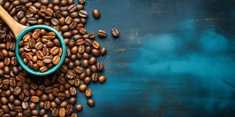 Fotobehang Koffiebar Aromatic Coffee Beans in Ceramic Bowl on Dark Textured Background